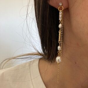 New Vanessa Mooney pearl drop dangle dainty earrings chain earrings pearl gold